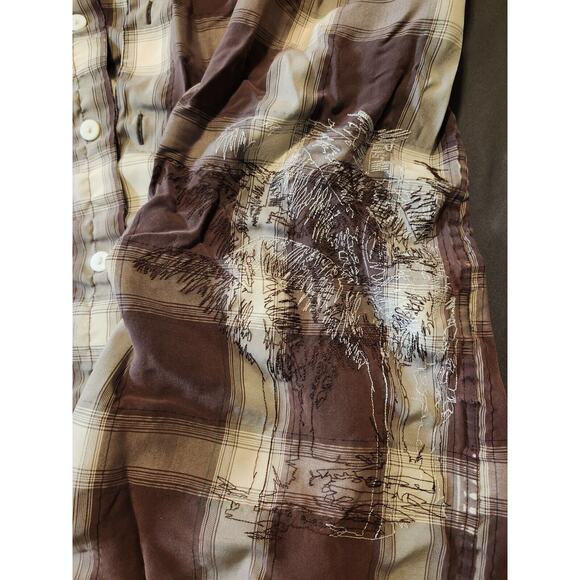 HOBIE Shirt Men's Brown Large Plaid Short Sleeve Button Front Embroidered READ‎ - Picture 6 of 9